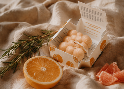 Texture del panetto bagnodoccia solido California con ingredienti botanici agrumati