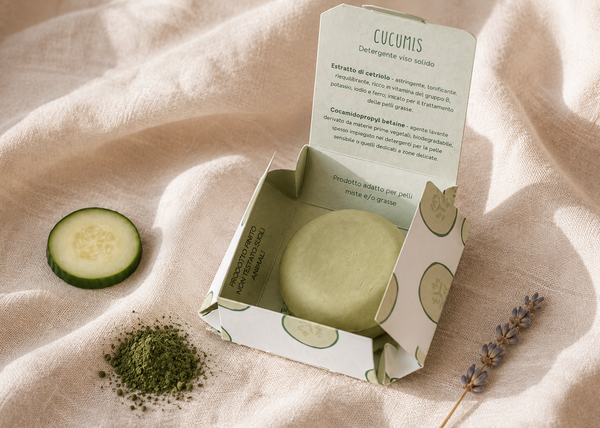 Ingredienti naturali del detergente viso solido Cucumis: cetriolo, chlorella e lavanda