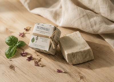 Panetto Incomparabile shampoo solido antiforfora Ethical Grace con packaging e cordino in rafia compostabile
