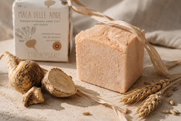 Panetto Maca delle Ande con maca e spighe di grano, shampoo solido rinforzante per capelli deboli e fragili