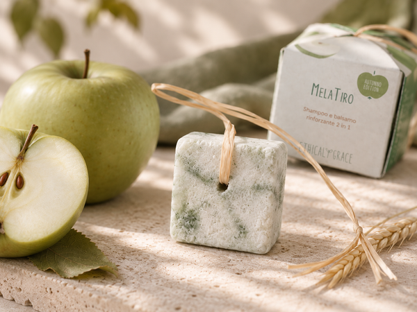 Panetto MelaTiro con mela verde e spighe di grano, shampoo solido stagionale Ethical Grace