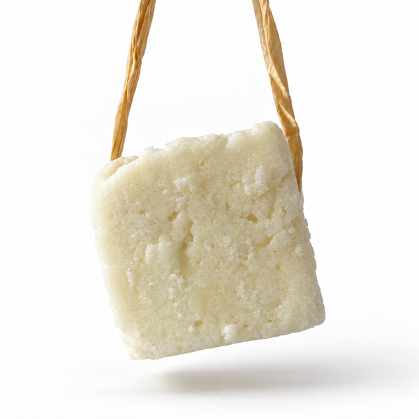 Panetto avorio di Piccoli Semi, shampoo solido artigianale appeso alla rafia, su sfondo bianco.