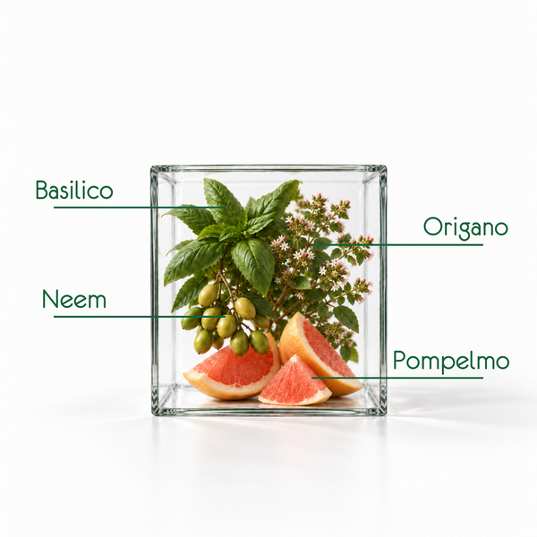 Basilico, neem, origano e pompelmo in un cubo di vetro, botaniche da cui derivano alcuni ingredienti di Incomparabile.