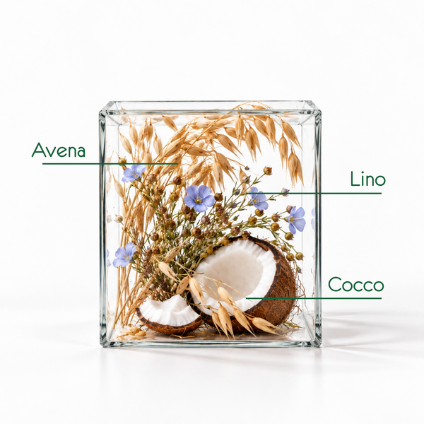 Cubo di vetro con avena, cocco e lino, fonti botaniche della formula di Piccoli Semi, su sfondo bianco.