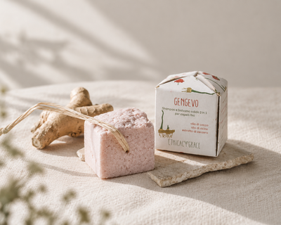 Gengevo shampoo solido 2 in 1 per capelli fini con panetto, packaging e radice di zenzero